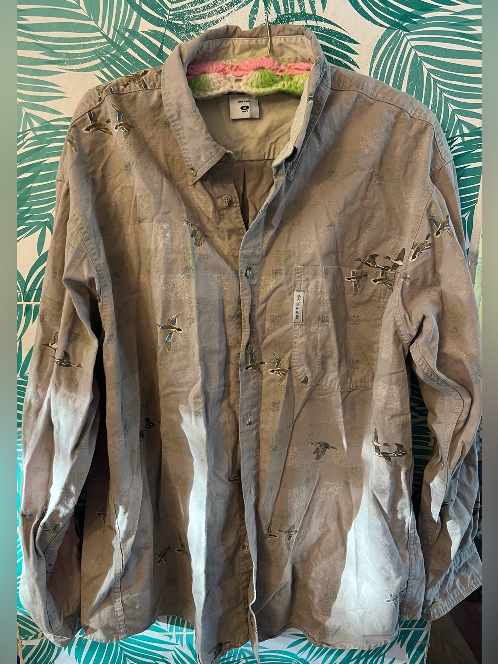 Vintage Columbia River Lodge Flying Duck print Long Sleeve Button-Up Shirt Sz XL